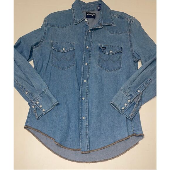 Wrangler Shirt Mens Large Blue Denim Western Pearl Snap Long Sleeve Cowboy Rodeo - Picture 1 of 7